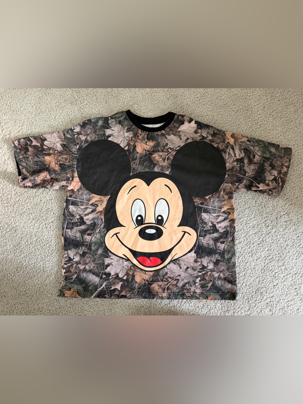 Disney Mickey Mouse Short Sleeve Tee in Black, Beige & Brown Leaf Print